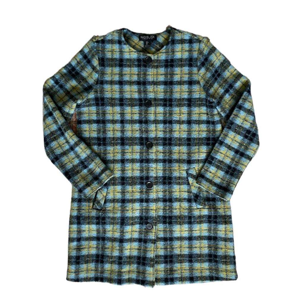 Rachel Zoe Blue Plaid Sweater Coat Wool Blend Longline Cardigan Small